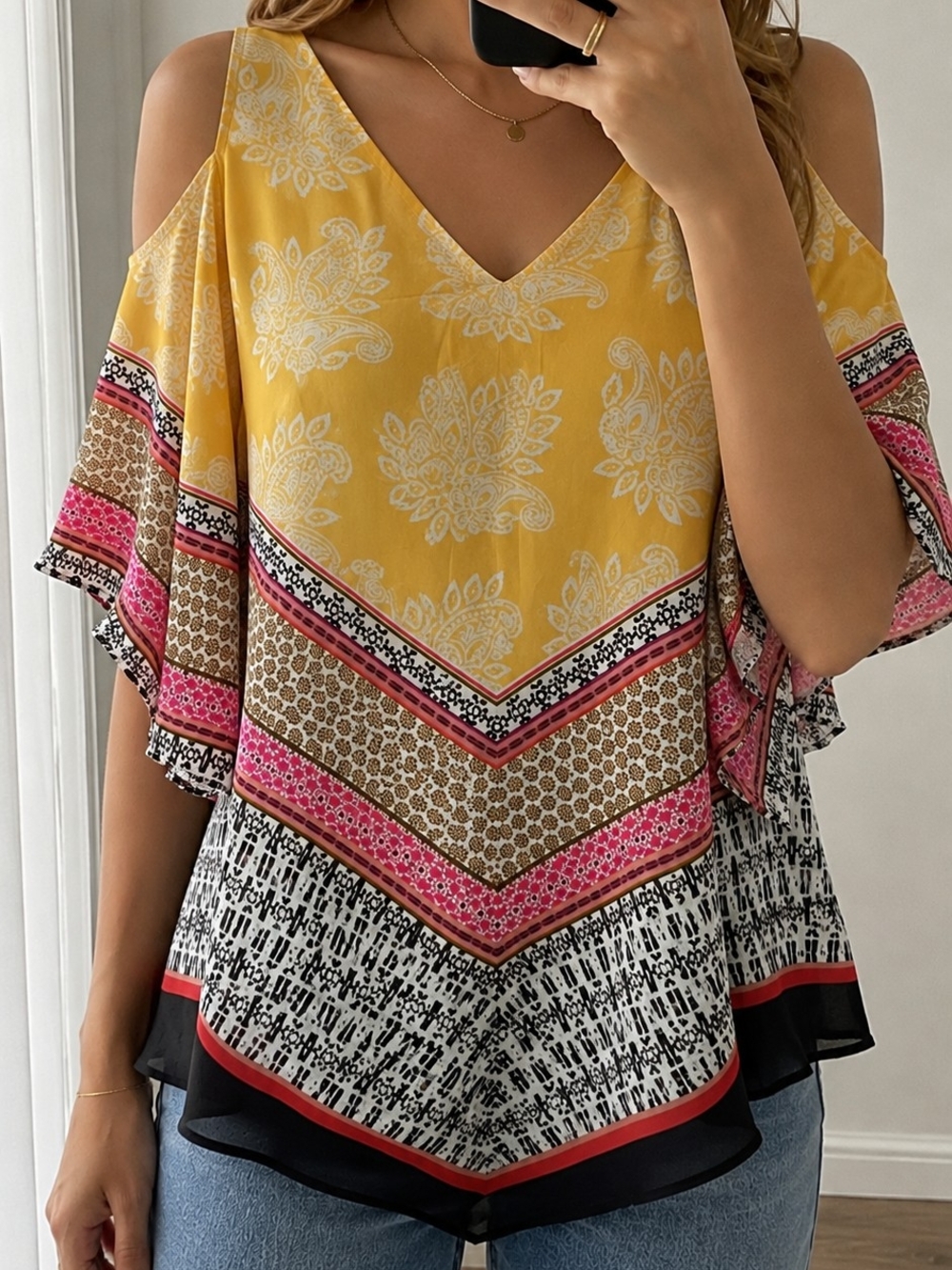 DR2 Yellow Floral V-Neck Tunic with Pink and Black Trim NWOT